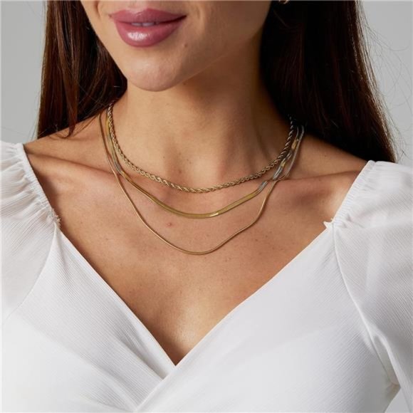 Tasiso 14K Gold Filled Herringbone Choker Necklace Set Double Layer - Picture 6 of 8